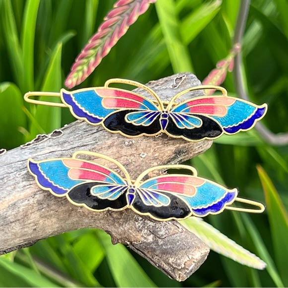Vintage Cloisonné Enamel Butterfly Hair Barrettes – Set of 2